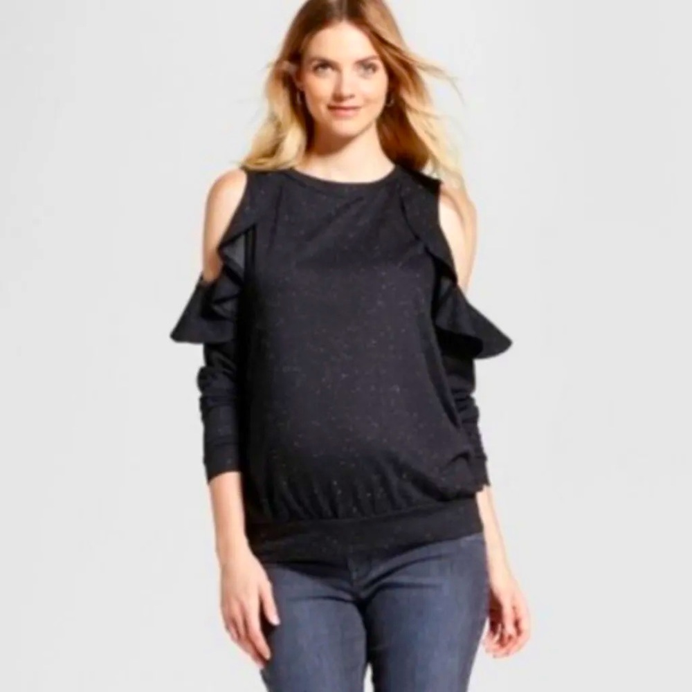 Open shoulder ruffle maternity sweater - Picture 1 of 7